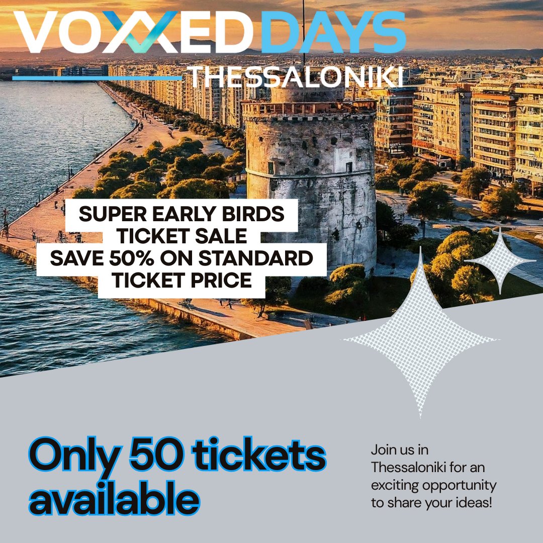 🎟️ Adventure awaits! Super Early Bird Tickets are LIVE! 🚨 Secure your spot at the year's most anticipated event with exclusive perks &amp; unbeatable discounts. Act fast before they’re gone! 🎊 #EarlyBird #AdventureAwaits #EventOfTheYear voxxeddays.com/thessaloniki/#…