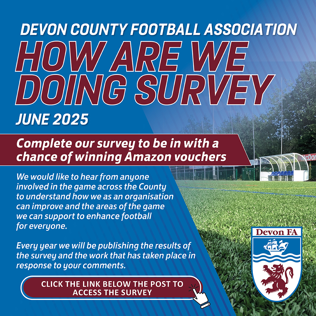 Devon County FA (@devon_fa) on Twitter photo ๐ฃ๐๐ข๐ช ๐๐ฅ๐ ๐ช๐ ๐๐ข๐๐ก๐?๐ค
The How Are We Doing survey is ๐๐๐๐!
We'd appreciate just a couple minutes of your time to et us know we can improve and support areas of the game across Devon๐
Complete the survey here ๐tinyurl.com/mwe58jfk
#DevonFootball ๐ฃ๐๐ข๐ช ๐๐ฅ๐ ๐ช๐ ๐๐ข๐๐ก๐?๐ค
The How Are We Doing survey is ๐๐๐๐!
We'd appreciate just a couple minutes of your time to et us know we can improve and support areas of the game across Devon๐
Complete the survey here ๐tinyurl.com/mwe58jfk
#DevonFootball