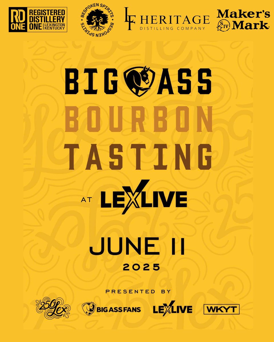 bespokenspirits (@bespokenspirits) on Twitter photo The Biggest Bourbon Bash in BourbonLand is happening at @thelexlive
<a href="/250lexington/">Jon Greene</a> <a href="/bigassfans/">Big Ass Fans</a> @thelexlive come together to host the Big Ass Bourbon Tasting!
Located at @thelexlive June 11th 5-9p.m.
Enjoy Spirits from local distilleries with perfectly delicious food pairings! The Biggest Bourbon Bash in BourbonLand is happening at @thelexlive
<a href="/250lexington/">Jon Greene</a> <a href="/bigassfans/">Big Ass Fans</a> @thelexlive come together to host the Big Ass Bourbon Tasting!
Located at @thelexlive June 11th 5-9p.m.
Enjoy Spirits from local distilleries with perfectly delicious food pairings!