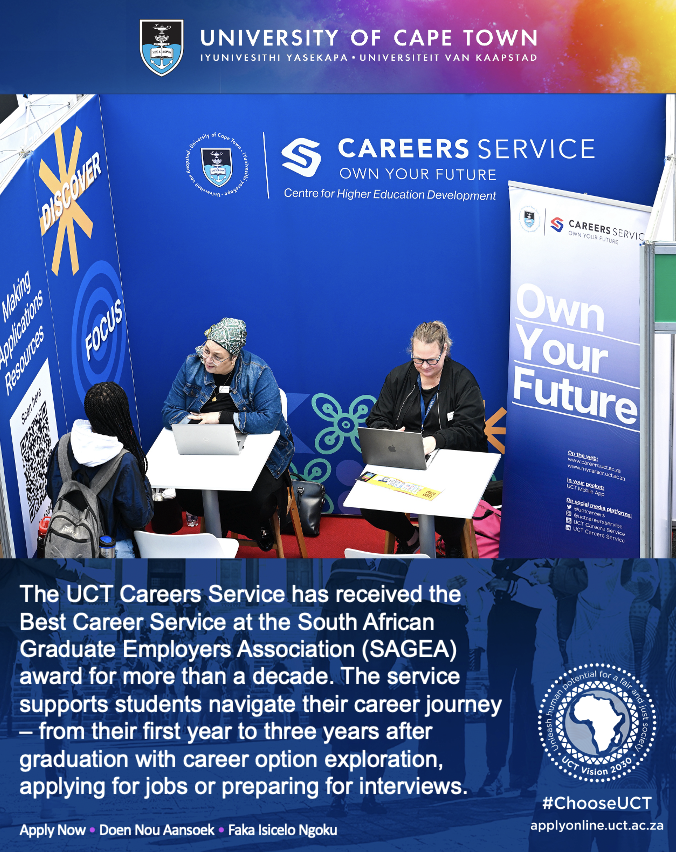 At UCT, students receive expert career support from day one, helping them navigate job opportunities, interview preparations and more.

Start your journey at a university that sets you up for success. 

Apply today! #ChooseUCT

Apply now: applyonline.uct.ac.za