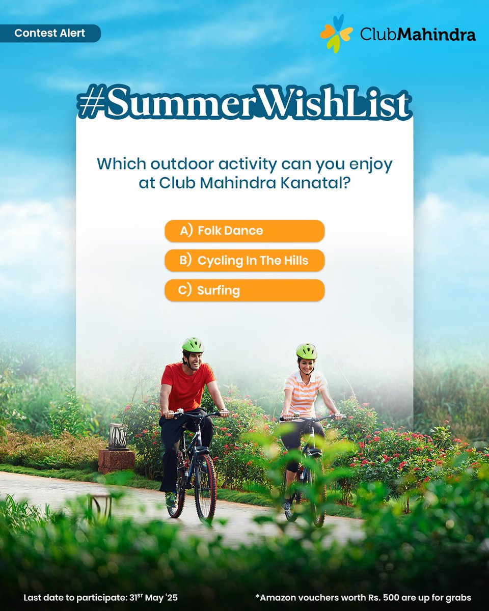 Club Mahindra (@clubmahindra) on Twitter photo #ContestAlert 11 of 15
Participate in all #SummerWishList
STEPS
1) Comment below with your answer using #SummerWishList and #ClubMahindra. Don’t forget to tag <a href="/clubmahindra/">Club Mahindra</a> and four of your friends – it’s mandatory!
2) Participate in all 15 contest posts. Winners get #ContestAlert 11 of 15
Participate in all #SummerWishList
STEPS
1) Comment below with your answer using #SummerWishList and #ClubMahindra. Don’t forget to tag <a href="/clubmahindra/">Club Mahindra</a> and four of your friends – it’s mandatory!
2) Participate in all 15 contest posts. Winners get