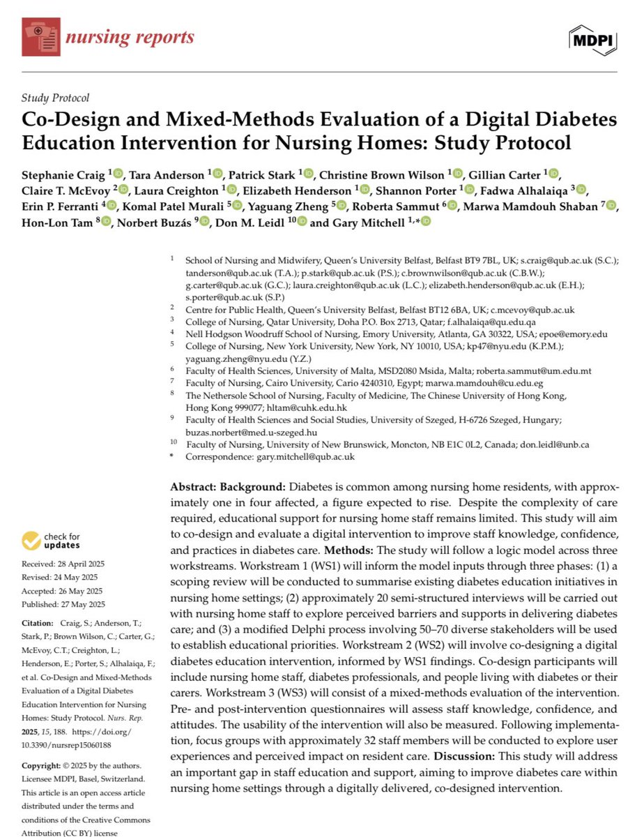 Steph Craig (@stephcraigrn) on Twitter photo Delighted to have this study #Protocol #Published today with an #amazing #international team <a href="/NursRep_MDPI/">Nursing Reports MDPI</a> 🤩
This <a href="/BurdettTrust/">Burdett Trust 💙</a> funded to #CoDesign & #MixedMethods #Evaluation of a #Digital #Diabetes #Education #Intervention for #NursingHomes 👏
👇👇👇
mdpi.com/2039-4403/15/6… Delighted to have this study #Protocol #Published today with an #amazing #international team <a href="/NursRep_MDPI/">Nursing Reports MDPI</a> 🤩
This <a href="/BurdettTrust/">Burdett Trust 💙</a> funded to #CoDesign & #MixedMethods #Evaluation of a #Digital #Diabetes #Education #Intervention for #NursingHomes 👏
👇👇👇
mdpi.com/2039-4403/15/6…