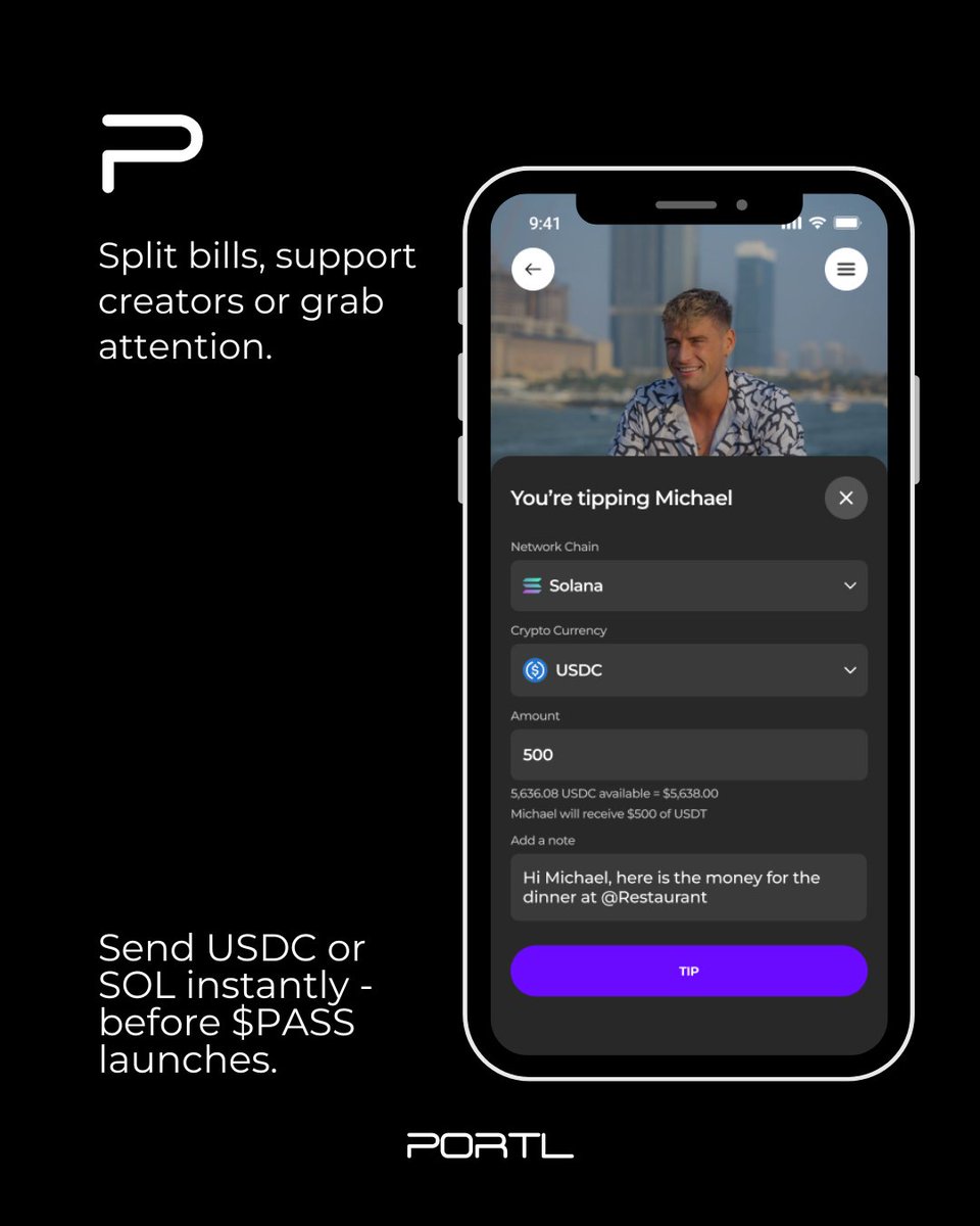 ok we are going full SocialFi with this one:

Portl tipping is now live in-app, where you can easily open a Portl user's profile, and send a tip on the Solana network of either USDC or SOL.

think IG with a Web3 Cashapp integrated.

just a quick reminder that we have nearly 20k