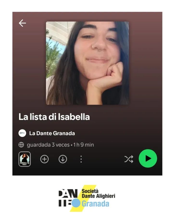 Seguimos ampliando el canal Spotify de #LaDanteGranada 🇮🇹 con la propuesta musical de nuestra profe Isabella ✨

Podéis encontrar la lista al  siguiente enlace: 
open.spotify.com/playlist/6uyIw…

 ¡A disfrutar! 

🇮🇹#EsTuDante
#iostudioalladante #iostudioitaliano #ioparloitaliano
#italiano
