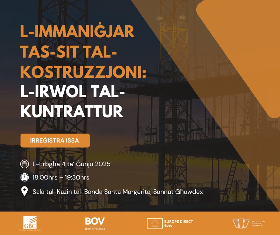 Nhar il-Erbgħa 4 ta’ Ġunju, il-Kamra tan-Negozju għal-Għawdex, ED Gozo, l-Assoċjazzjoni Bennejja u Kuntratturi u il-BOV ser ikunu qed jorganizzaw konferenza dwar “L-Immaniġġjar tas-siti tal-kostruzzjoni: L-Rwol tal-kuntrattur".

Irreġistra issa 👉 forms.gle/xNngAhrF7wEAQD…