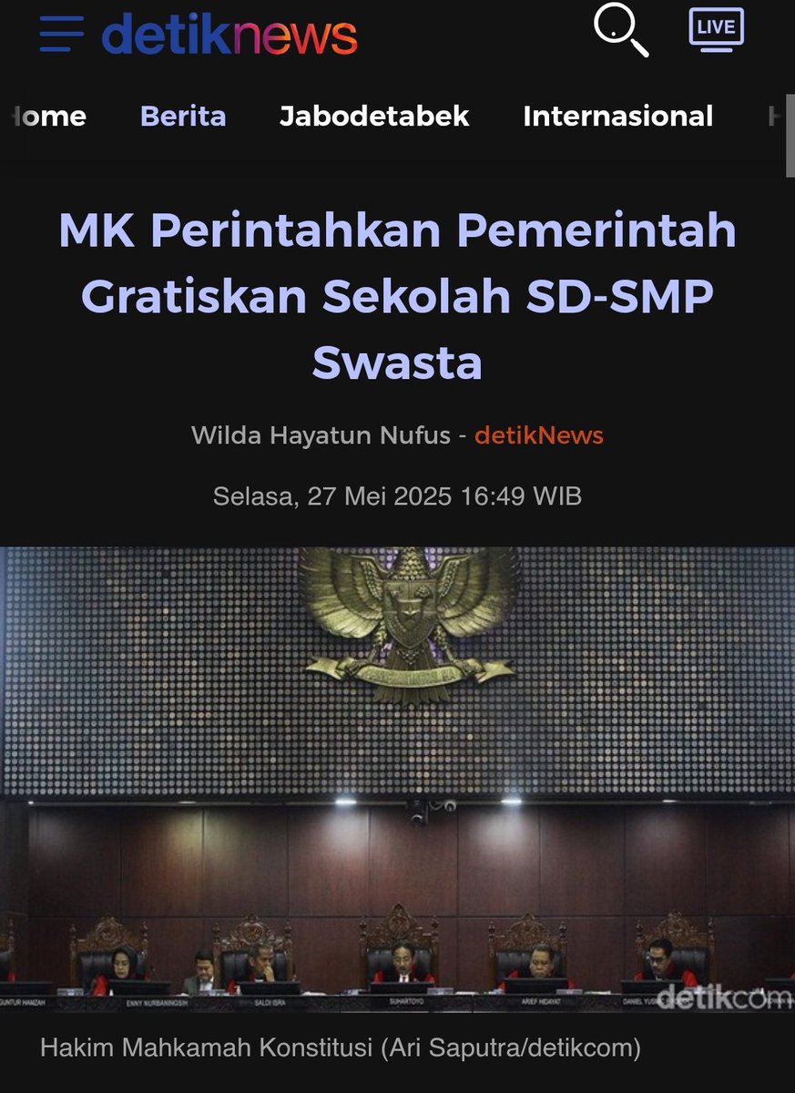 27 Mei 2025 MK perintahkan pemerintah Gratiskan Sekolah SD-SMP Swasta. Dan memang undang-undang dasar kita juga memerintahkan demikian " Cerdaskan kehidupan bangsa" Artinya tidak boleh ada anak bangsa yg tidak sekolah karna faktor kemiskinan. Jelas itu