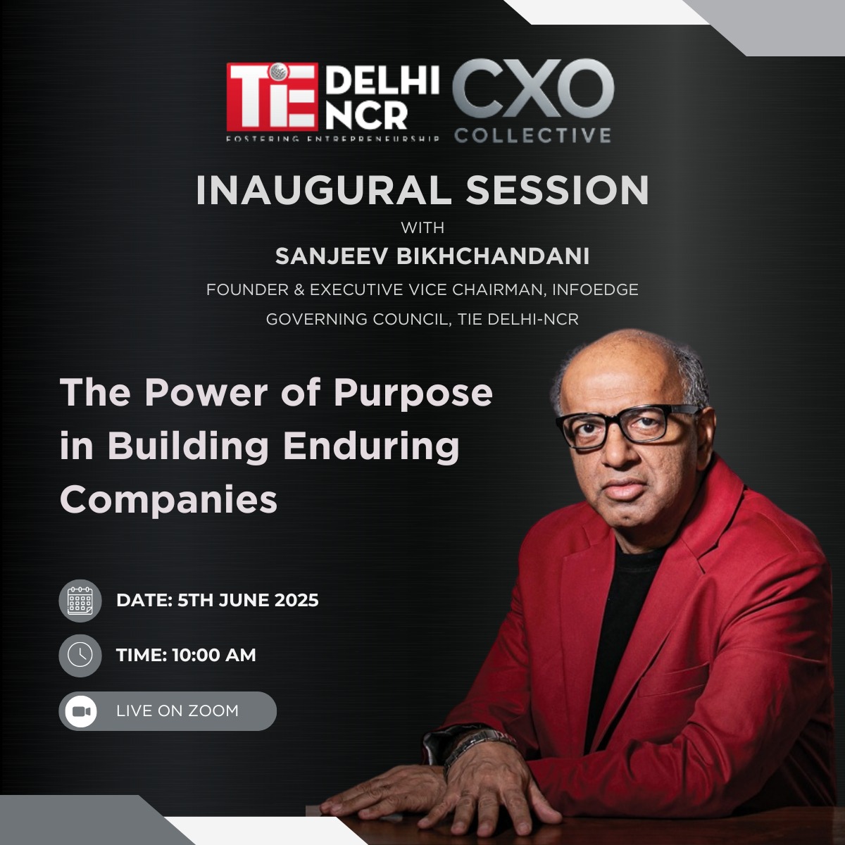 Excited to kick off the inaugural session of the TiE Delhi-NCR CXO Collective with Sanjeev Bikhchandani.

Join us for an exclusive conversation on "The Power of Purpose in Building Enduring Companies" — exploring why mission-driven businesses outlast the hype and continue to