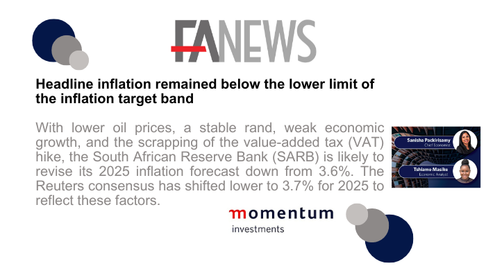 FAnews Online (@fanews_online) on Twitter photo Headline inflation remained below the lower limit of the inflation target band tinyurl.com/yeyj92tv
<a href="/MomentumINV_ZA/">Momentum Investments</a> Headline inflation remained below the lower limit of the inflation target band tinyurl.com/yeyj92tv
<a href="/MomentumINV_ZA/">Momentum Investments</a>