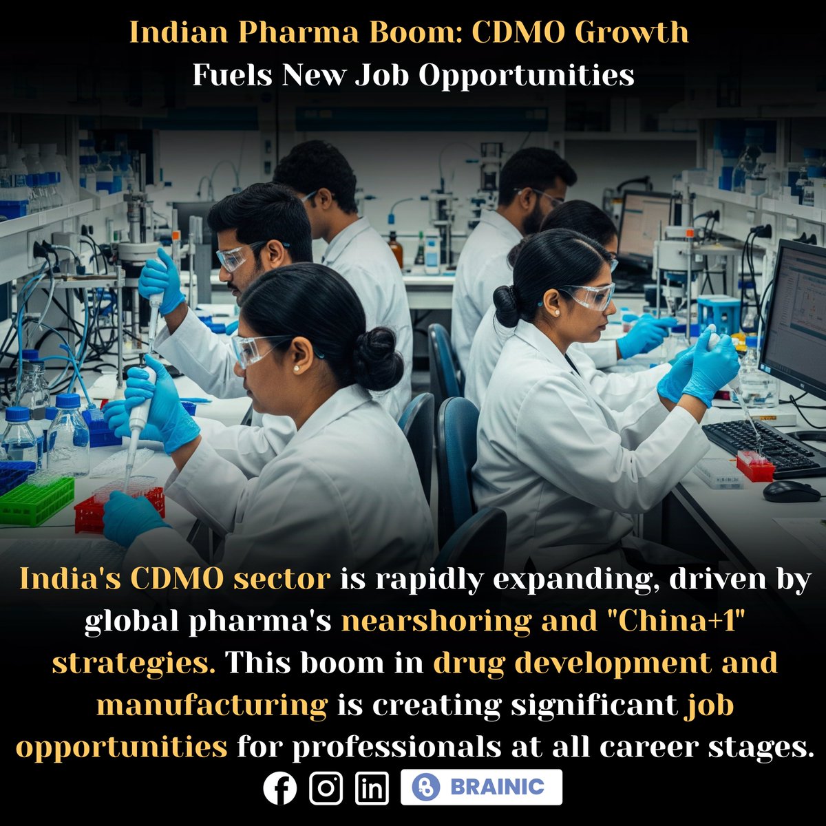 brainicconnects's tweet photo. India's Contract Development and Manufacturing Organization (CDMO) sector is experiencing a significant boom, driven by nearshoring and "China+1" strategies. This growth is creating a wave of new job opportunities across the pharmaceutical industry.
#Brainic #FutureOfWork #CDMO https://t.co/JS7rvIuNF8