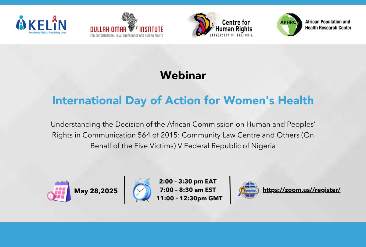 🚨 Webinar Alert! Join us in marking the International Day of Action for Women’s Health! We stand up for every woman's right to life, sexual and reproductive health, freedom from torture, and equality without discrimination.

📅Wednesday, May 28, 2025 
🕙 2:00 – 3:30 EAT
🔗