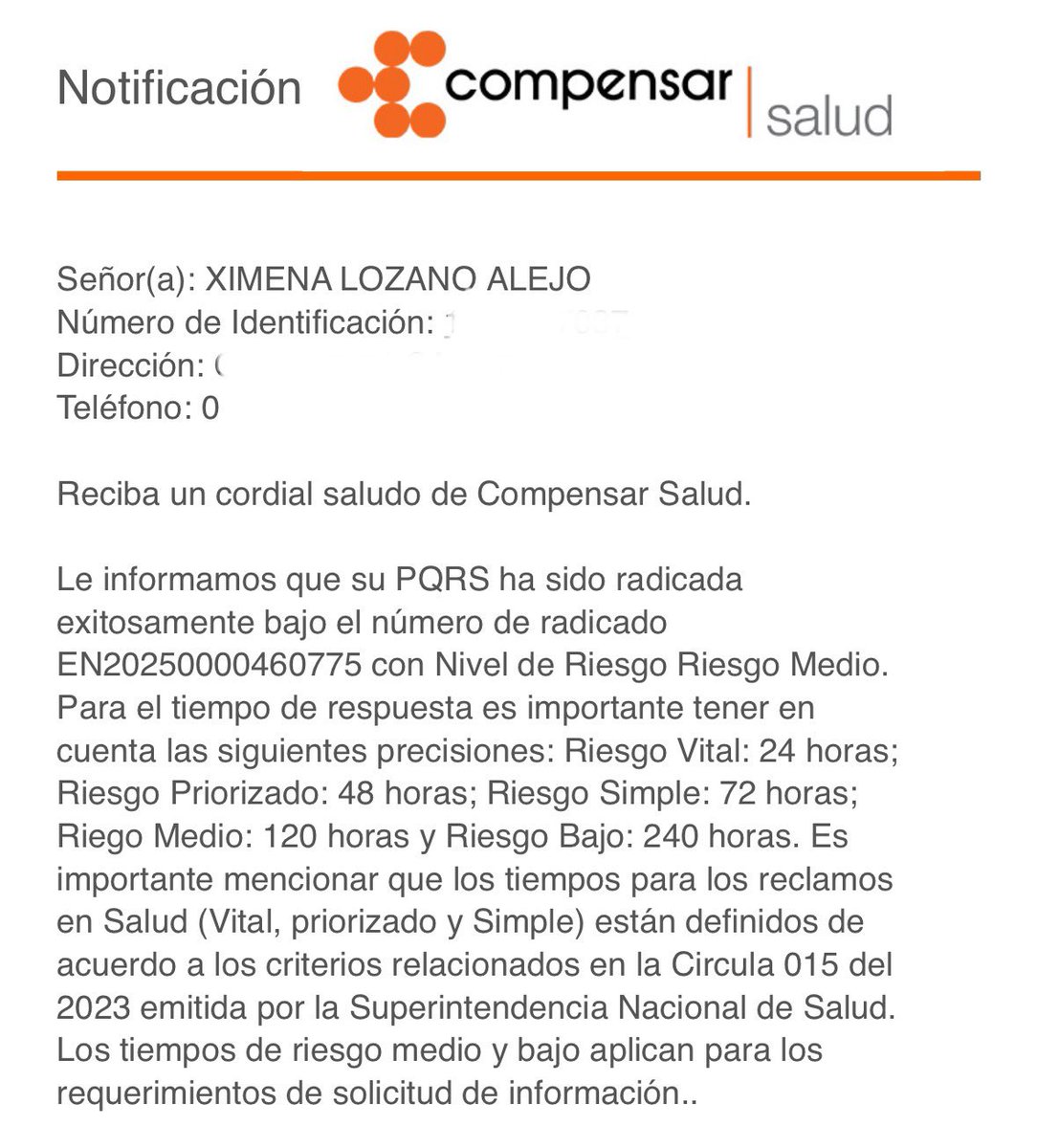 Xxime_loz's tweet photo. @Supersalud @Compensar_info @Supersalud la Circular 015 del 2023 citada en el registro del caso que me envió @Compensar_info se mencionan unos tiempos de respuesta por el nivel de riesgo que NO están allí, mi caso es de tipo administrativo por qué no afecta mi salud ¿y los efectos adversos que son? https://t.co/VDpOIdjKfv