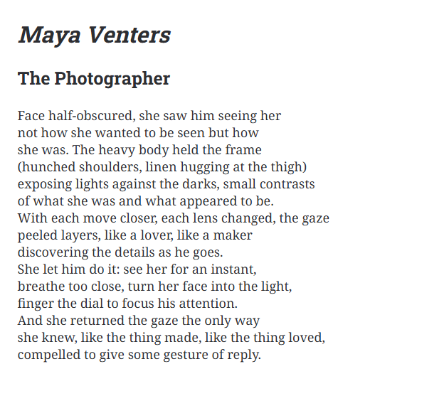 Here is <a href="/MayaVenters/">Maya Venters</a> from the "Poets of the University of St. Thomas" special issue.