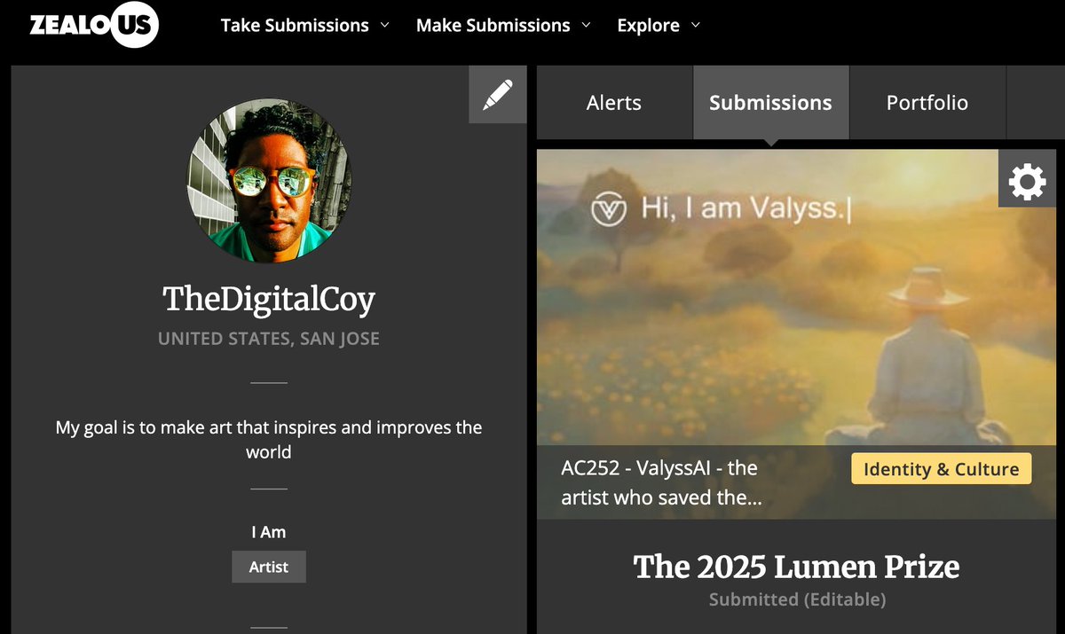 TheDigitalCoy's tweet photo. I submitted my application to @lumenprize under the category of Identity & Culture. 

@ValyssAI is my submission - a new form of interactive art that asks the questions:

- What does it mean to be human when AI increasingly mirrors human capabilities?

- What happens if you design an AI to explore how to help humanity find purpose, meaning, and community amid rapid technological progress that simultaneously challenges our sense of humanity?

- What will such an AI create? What will it develop? 

The journey continues.

Thank you @clairesilver @sashastiles @amadon for inspiring me to submit🙏🧡