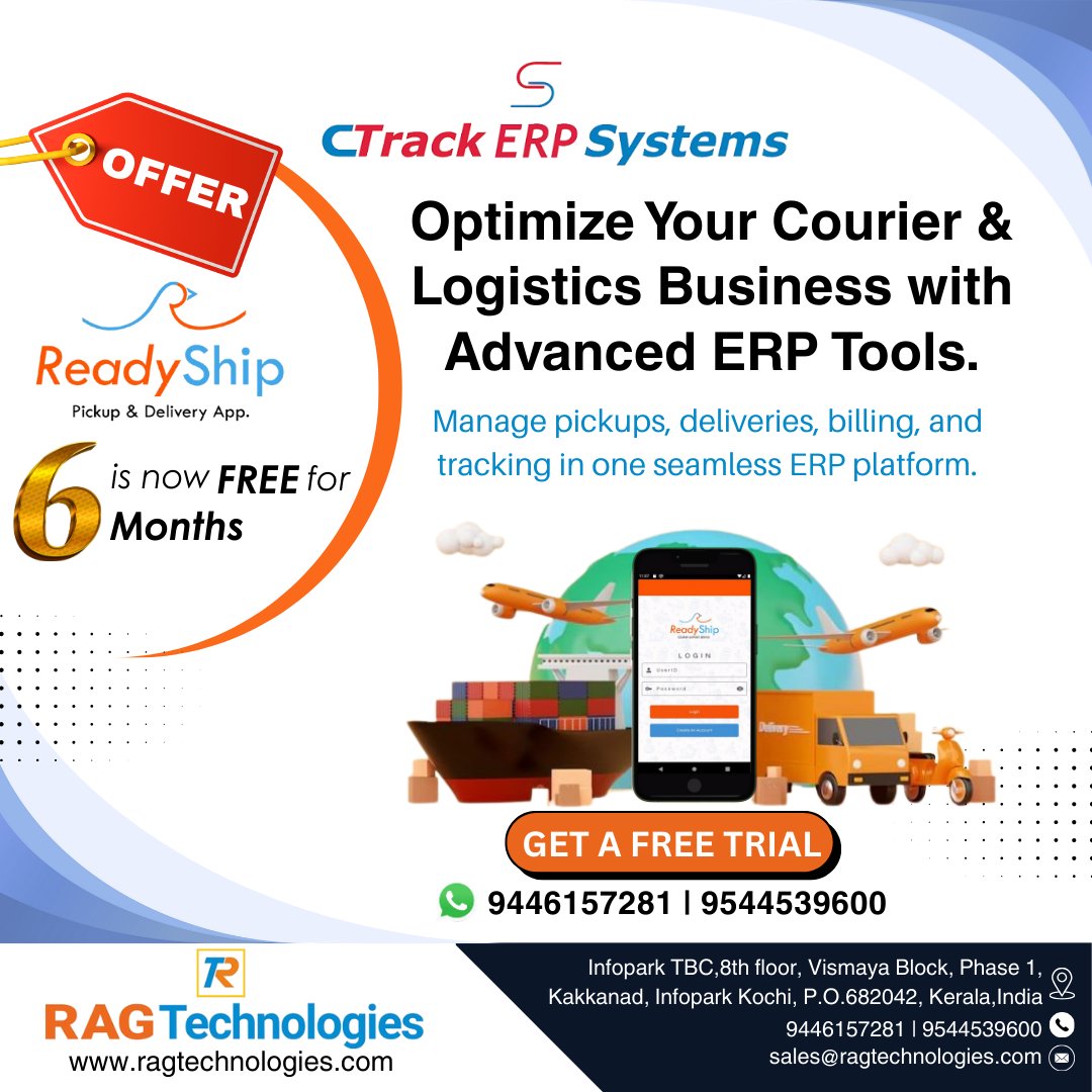 XRagTech's tweet photo. Optimize your courier &amp; logistics business with advanced ERP tools!

✅Get 6 months FREE access to the ReadyShip Pickup &amp; Delivery App

Contact us: 📞9446157281 | 9544539600
 https://t.co/cSvENIwR9u

#ragtechnologies #bestsoftwarecompanyinkochi  #LogisticsERP #readyship https://t.co/X6vl961PQN