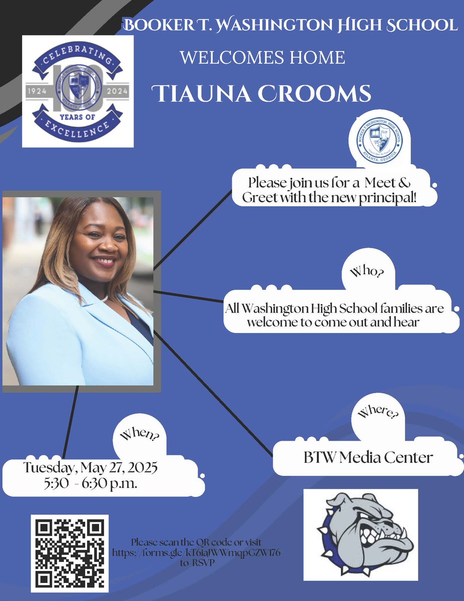 Join us Tonight to meet Booker T. Washington's New Principal! 
Sign up using the link below! 
forms.gle/kT6iaJWWmqpGZW…

We look forward to seeing you there!