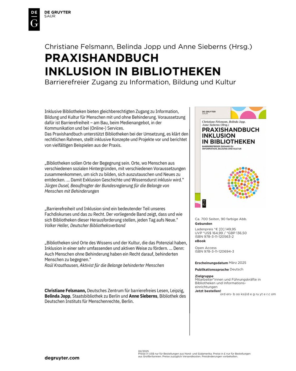 Neues Kapitel mit <a href="/raulde/">Raul Krauthausen</a> im Praxishandbuch #Inklusion in #Bibliotheken!

Thema: #Ableismus, #Sprache &amp; #Repräsentation – wie Bibliotheken inklusiver werden können.

📖 Jetzt kostenlos lesen:
 degruyterbrill.com/document/doi/1…