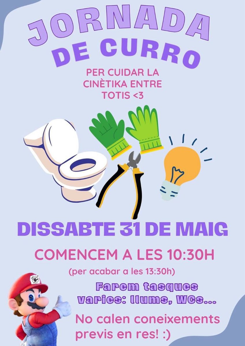 31/05/25 Jornada de curro a La Cinètika

El proper dissabte a partir de les 10:30h ens trobarem a La Cinètika per fer una jornada de curro de tot de feinetes que estan pendents de fer.

No cal tenir coneixements previs de res!
I ACABarem sobre les 13:30h.

Entre totis, tot!