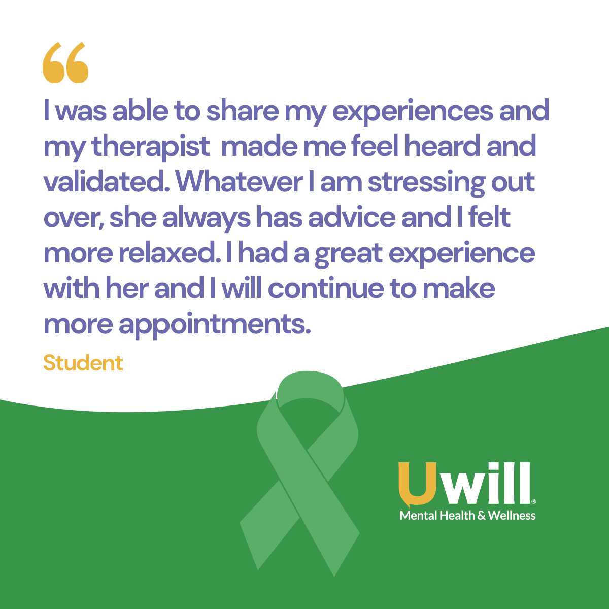 “I was able to share my experiences, and my therapist made me feel heard and validated.”

Real student stories like this show the value of immediate, flexible support.
Uwill is proud to provide it—this #MentalHealthAwarenessMonth and beyond.

Learn more: bit.ly/3EF9WpY