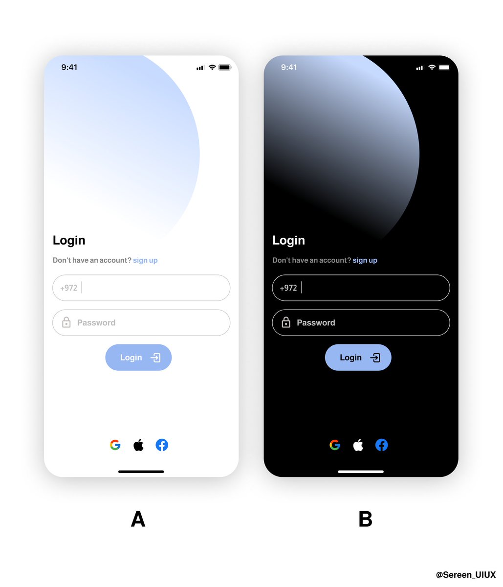 Sereen_UIUX's tweet photo. Light or Dark?
ูุงุฌูุฉ ุชุณุฌูู ุฏุฎูู ุจุชุตู
ูู
ูู ู
ุฎุชูููู:
A: ุงููู
ุท ุงููุงุชุญ
B: ุงููู
ุท ุงูุฏุงูู
ุฃู ุณุชุงูู ุชูุถูุ
#UIUX #LoginDesign https://t.co/0t0WcQuUt7