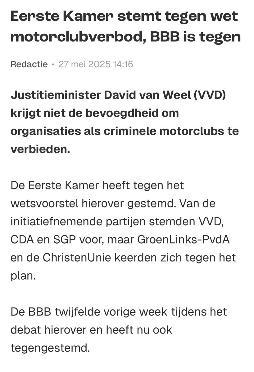 Hoe kún je er tegen zijn? De wet met meer mogelijkheden om clubs als criminele motorbendes te verbieden, wordt weggestemd door PvdA, PVV en BBB. Onbegrijpelijk dat je deze kans laat lopen om ons land veiliger te maken.