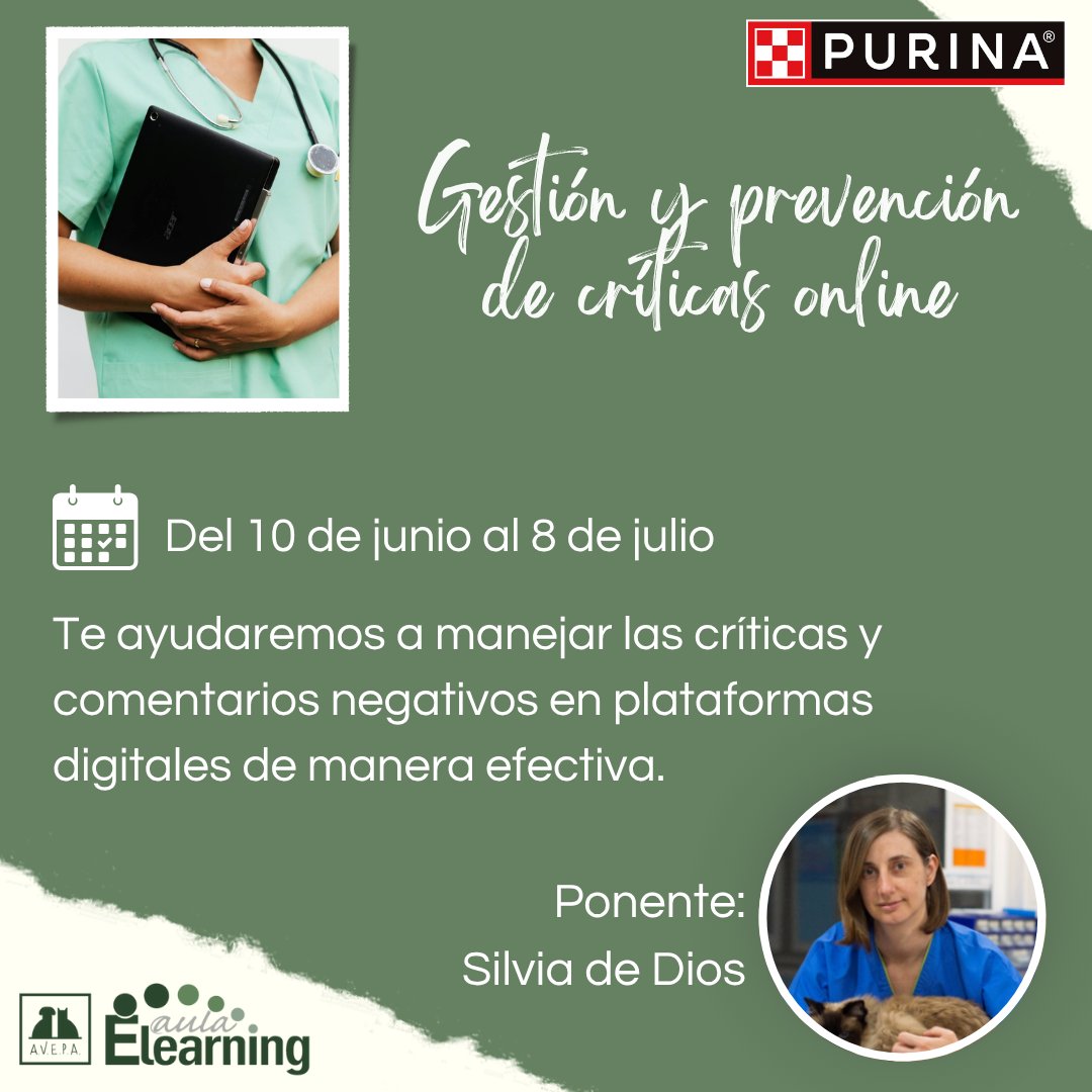ATVsElearning's tweet photo. ¡Protege la reputación online de tu clínica veterinaria! 🚀

🔸Próximo curso online en AVEPA Elearning: Gestión y Prevención de Críticas Online🔸

🗓️Del 10 de junio al 8 de julio.
🆕Incluye un bloque dedicado a la Inteligencia Artificial.

ℹ️https://t.co/g4naeyGHrD https://t.co/eecC7io2rF