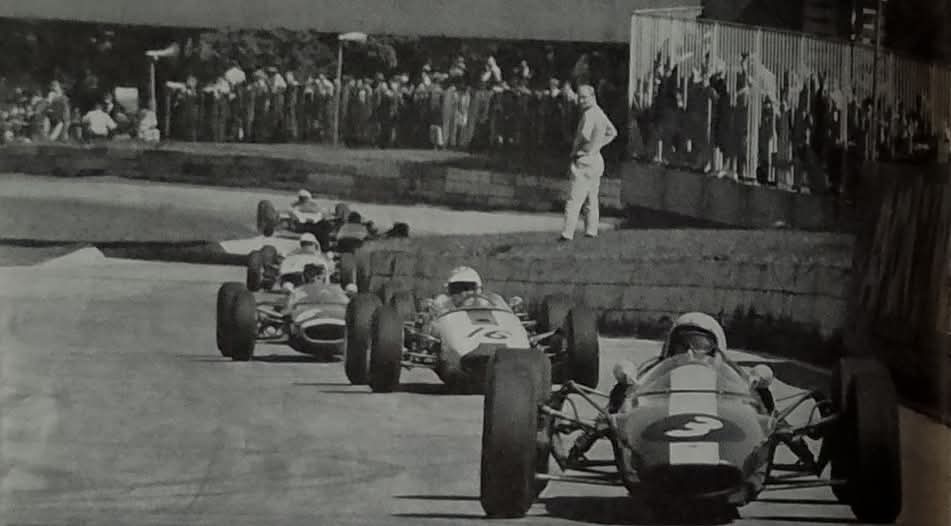 30 May 1966 XIV London Trophy at Crystal Palace Circuit, round of @Autocar @F2 Championship. Peter Arundell in 997cc Lotus-Ford Cosworth SCA 44 leads Trevor Taylor in 997cc Brabham-Ford Cosworth SCA BT16 and Frank Gardner in 997cc Lola-Cosworth SCA T60, into South Tower corner