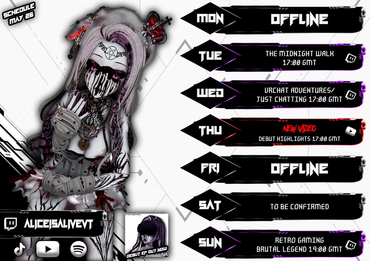 AliceIsAliveUK's tweet photo. Another Week, Another Adventure! (W/C 26.5)
🤘 Tuesday: The Midnight Walk
🤘 Wednesday: VRChat Adventures
🤘 Thursday: NEW VIDEO!
🤘 Sunday: Brutal Legend
#twitchstreamer #twitch #Vtuber #VtuberEN #lewdtubers https://t.co/xXEYx6qs6l