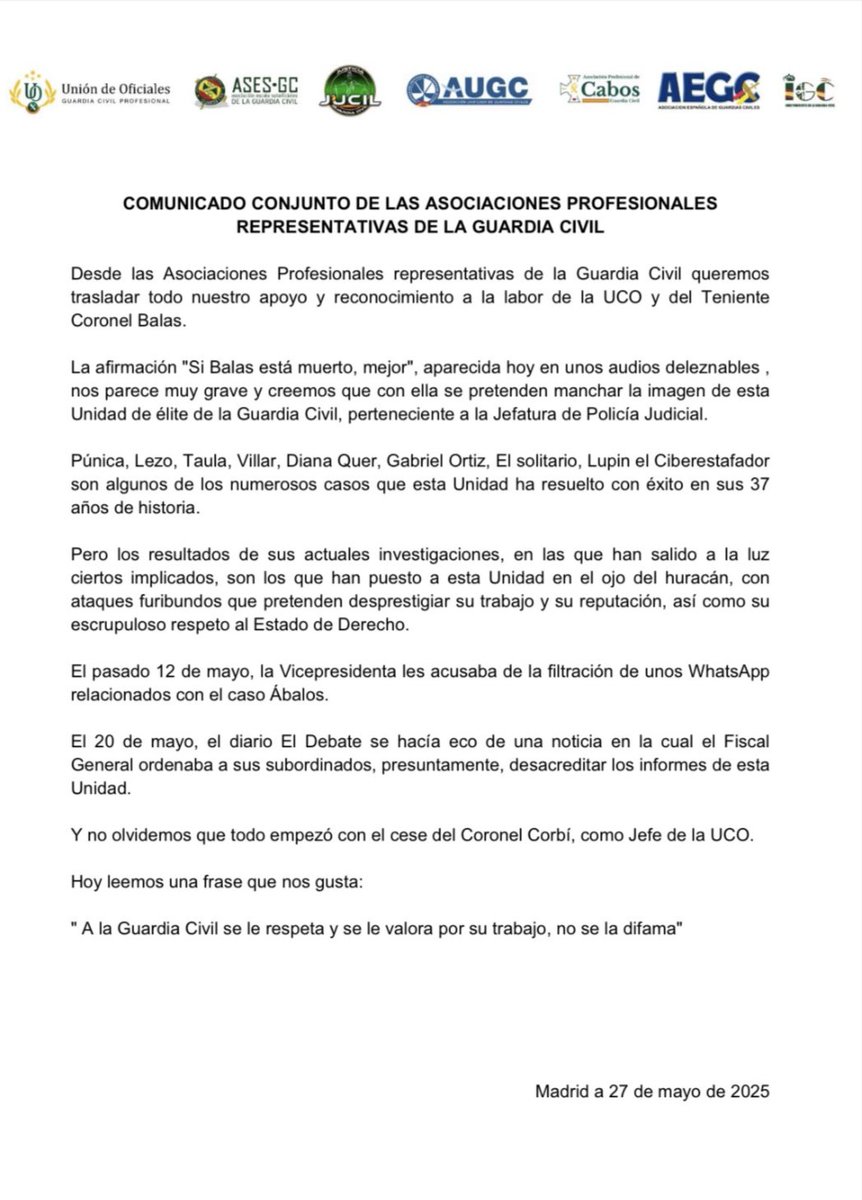 Desde las asociaciones profesionales representativas de la Guardia Civil queremos trasladar todo nuestro apoyo y reconocimiento a la labor de la UCO y del teniente coronel Balas.

A la Guardia Civil se le respeta y se le valora por su trabajo, no se la difama.