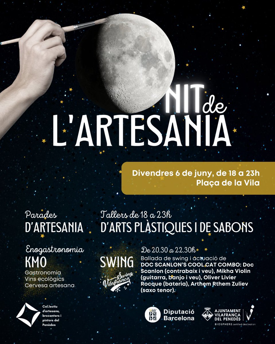 VilafrancaAj's tweet image. 🌛La Nit de l’Artesania tanca la temporada dels mercats d’artesans, brocanters i pintors
📆Divendres 6/6
⏰De 18 a 23h
✅Parades d'artesania, oferta gastronòmica de proximitat, tallers gratuïts, música i ballada de swing.
➕info: vlf.cat/nitartesania05…
#Vilafranca #capitaldelvi