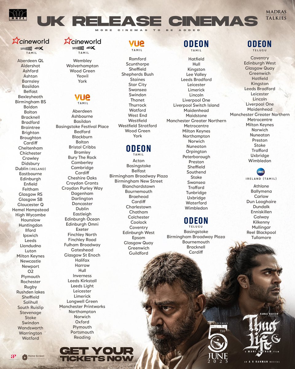 Boleyn Cinema (@cinema_boleyn) on Twitter photo UK cinemas are officially under Thug control - #ThugLife is seizing Superscreen & 4DX theatres across the nation! This is cinema at full throttle; secure your seats ASAP and get ready to feel every explosive moment! ๐งจ๐ฃ <a href="/ahimsafilms/">Ahimsa Entertainment</a>
<a href="/ikamalhaasan/">Kamal Haasan</a> <a href="/SilambarasanTR_/">Silambarasan TR</a> <a href="/arrahman/">A.R.Rahman</a> UK cinemas are officially under Thug control - #ThugLife is seizing Superscreen & 4DX theatres across the nation! This is cinema at full throttle; secure your seats ASAP and get ready to feel every explosive moment! ๐งจ๐ฃ <a href="/ahimsafilms/">Ahimsa Entertainment</a>
<a href="/ikamalhaasan/">Kamal Haasan</a> <a href="/SilambarasanTR_/">Silambarasan TR</a> <a href="/arrahman/">A.R.Rahman</a>
