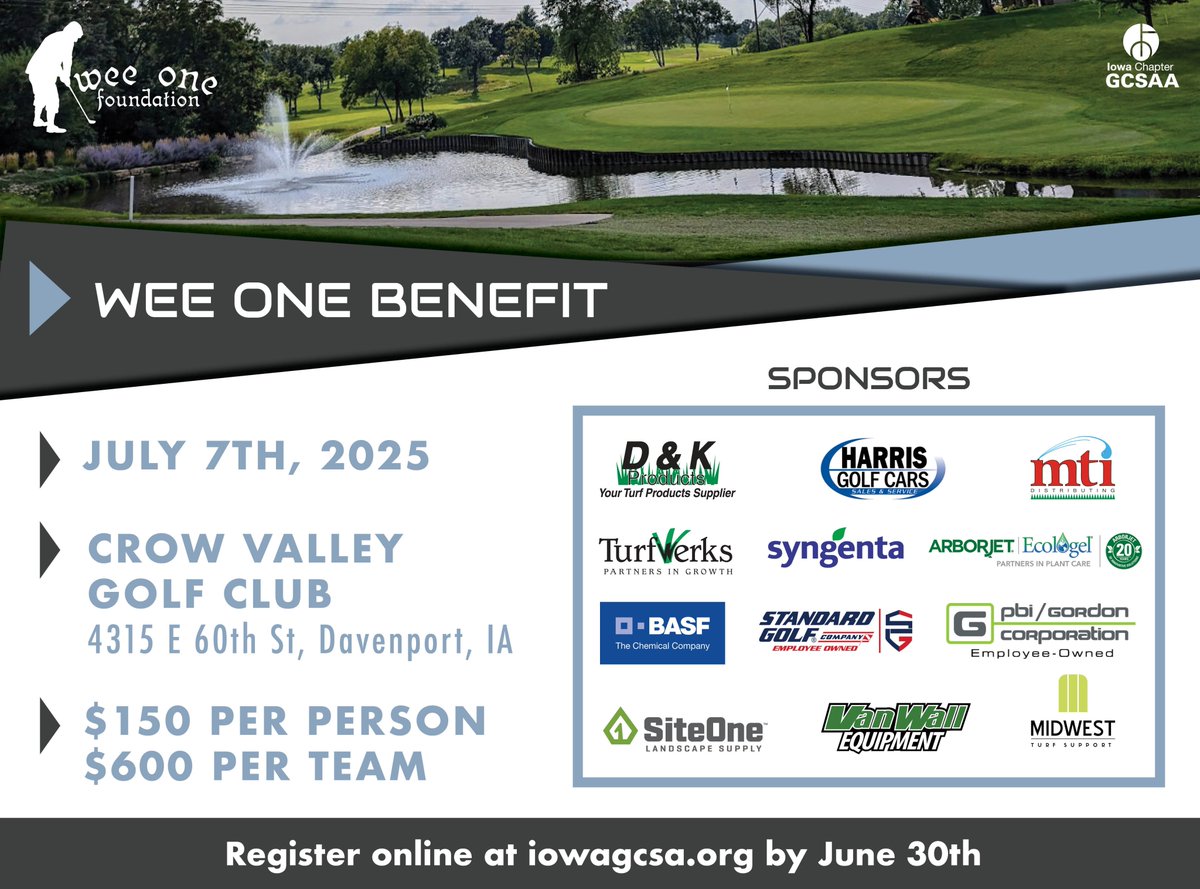 ⛳ Registration is NOW OPEN for the Iowa GCSA Wee One Golf Event!
Join us for a great day on the course supporting an even greater cause.
📅 July 7, 2025
📍 Crow Valley Golf Club - Davenport, IA
🔗 Sign up today: iowagcsa.org
#IowaGCSA #WeeOneFoundation