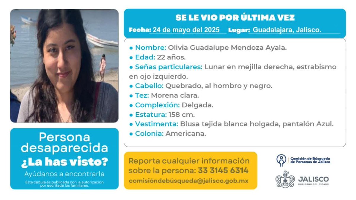 Difunde CUCSH (@difundecucsh) on Twitter photo 🔴⚠️ Ayúdanos a localizar a Olivia Guadalupe Mendoza Ayala, estudiante de nuestro Centro Universitario
📍🔎 Si tienes información que ayude a localizarla, por favor comunícate al 33 3145 6314 o al correo comisiondebusqueda@jalisco.gob.mx #TodosSomosCUCSH 🔴⚠️ Ayúdanos a localizar a Olivia Guadalupe Mendoza Ayala, estudiante de nuestro Centro Universitario
📍🔎 Si tienes información que ayude a localizarla, por favor comunícate al 33 3145 6314 o al correo comisiondebusqueda@jalisco.gob.mx #TodosSomosCUCSH