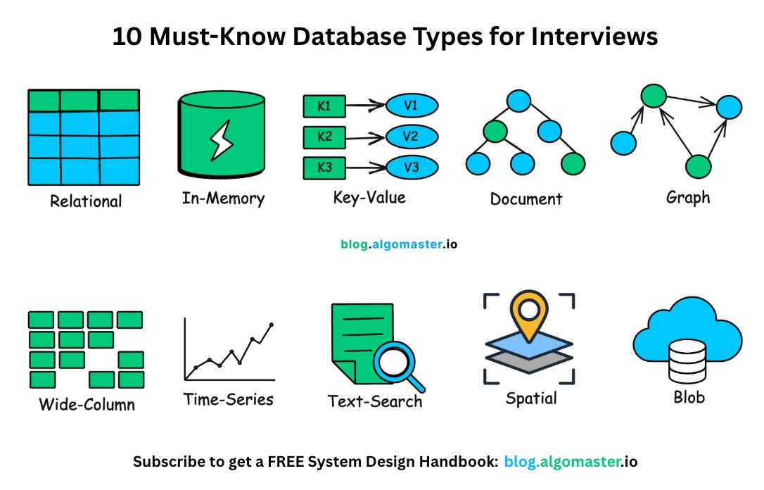 ashishps_1's tweet image. 10 Must-Know Database Types for System Design Interviews:
1) 𝐑𝐞𝐥𝐚𝐭𝐢𝐨𝐧𝐚𝐥:
- Stores data in tables with predefined schemas and relationships.
- Useful for applications requiring structured data, complex queries and ACID transactions.
- Examples: PostgreSQL, MySQL
2)…
