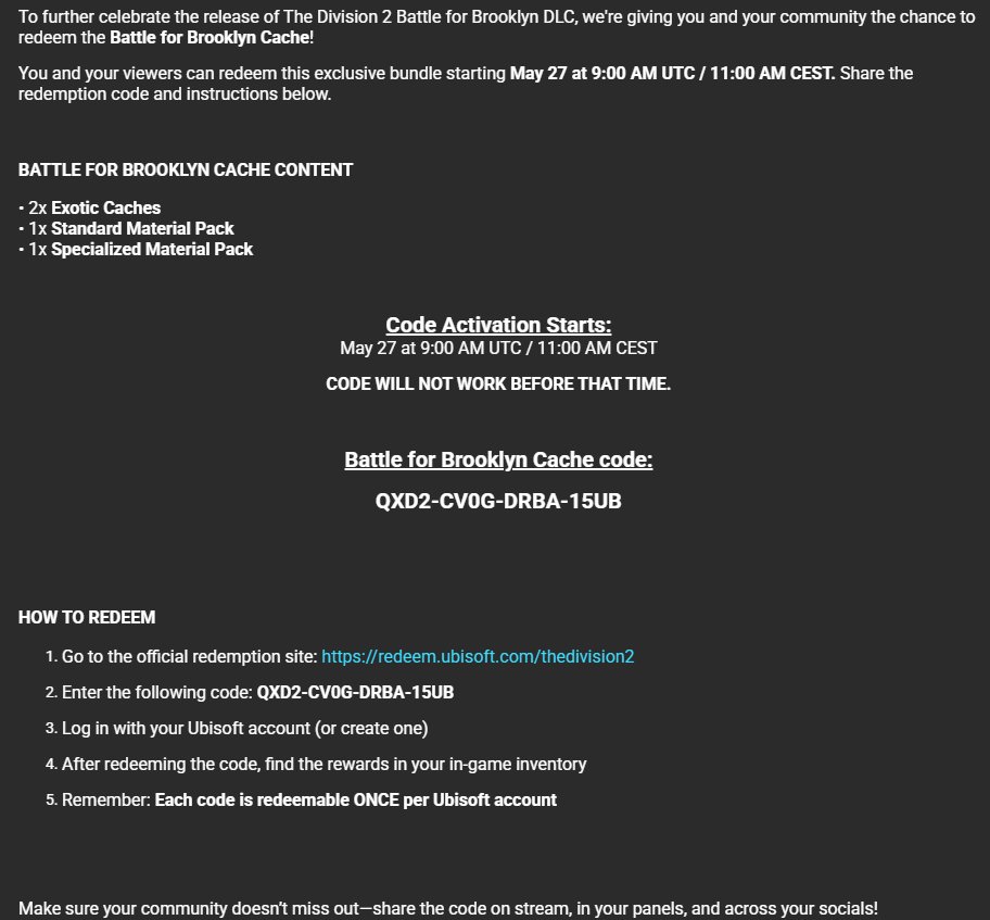 Hey friends! To celebrate the Battle for Brooklyn launch today. Ubisoft has hooked up the crew and friends! Get your free exotic cache's!! :p Make sure to stop by later as tell us what you got in the kits! :D