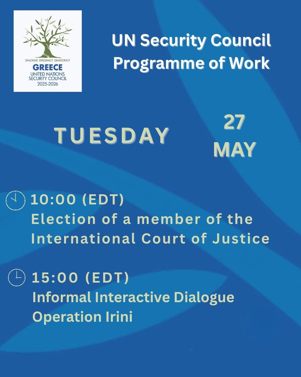Greece to the United Nations (@grun_ny) on Twitter photo #UNSC Programme of Work for today, Tuesday May 27th
🇬🇷🇺🇳
#GreeceUNSC
<a href="/GreeceMFA/">Υπουργείο Εξωτερικών</a> #UNSC Programme of Work for today, Tuesday May 27th
🇬🇷🇺🇳
#GreeceUNSC
<a href="/GreeceMFA/">Υπουργείο Εξωτερικών</a>