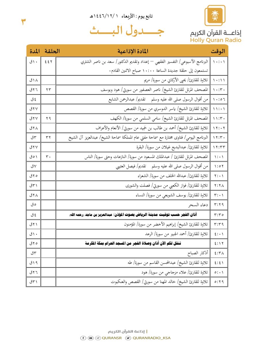QuranRadio_ksa's tweet photo. هيكل تلاوات وبرامج
#إذاعة_القرآن_الكريم
ليوم #الأربعاء 1446/12/1

رابط البث المباشر 👇🏻
https://t.co/Uc2JC5TYgh https://t.co/6SleYh0jmz