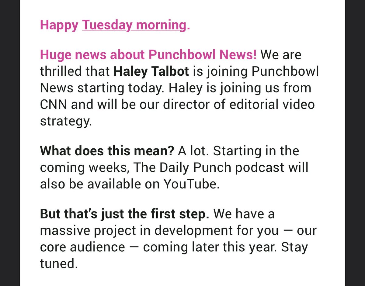 JakeSherman's tweet photo. NEWS about @PunchbowlNews 

The great @haleytalbotcnn needs to change her X handle. Haley will be the director of editorial video strategy at @PunchbowlNews 

We are SOOO psyched. 

What’s this mean? A few things:
- the daily punch will be on YouTube 
- we have a lot more announcements that will come soon. 

https://t.co/D7IeYGA76D