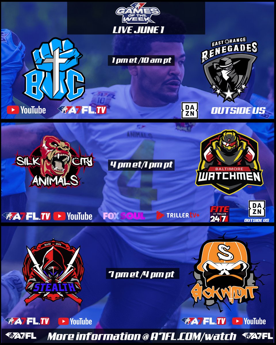 American 7s Football League (A7FL) (@thea7fl) on Twitter photo Week 9 Delivers Wall-To-Wall Action! Playoff Contenders Collide This Sunday 6/1 - Stream All The Games From 1PMβ10PM ET On A7FL.TV!
π«΅ Brought to you by <a href="/lockeroomchats/">Lockeroomchat</a> CHAT LIVE π£οΈ a7fl.com/chat
<a href="/foxsoultv/">FOX SOUL</a> <a href="/DAZN_Sport/">DAZN Sport</a> <a href="/Triller_TV/">TrillerTV</a> #A7FL #football Week 9 Delivers Wall-To-Wall Action! Playoff Contenders Collide This Sunday 6/1 - Stream All The Games From 1PMβ10PM ET On A7FL.TV!
π«΅ Brought to you by <a href="/lockeroomchats/">Lockeroomchat</a> CHAT LIVE π£οΈ a7fl.com/chat
<a href="/foxsoultv/">FOX SOUL</a> <a href="/DAZN_Sport/">DAZN Sport</a> <a href="/Triller_TV/">TrillerTV</a> #A7FL #football