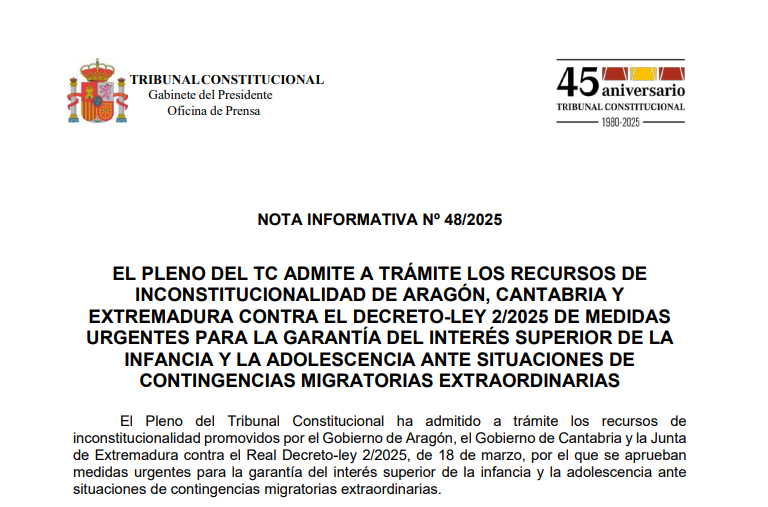 Tribunal Constitucional de España (@tconstitucione) on Twitter photo Nota de prensa | El TC admite los recursos de inconstitucionalidad de Aragón, Cantabria y Extremadura contra el Decreto-ley 2/2025 para la garantía del interés superior de la infancia y la adolescencia ante contingencias migratorias extraordinarias tribunalconstitucional.es/NotasDePrensaD… Nota de prensa | El TC admite los recursos de inconstitucionalidad de Aragón, Cantabria y Extremadura contra el Decreto-ley 2/2025 para la garantía del interés superior de la infancia y la adolescencia ante contingencias migratorias extraordinarias tribunalconstitucional.es/NotasDePrensaD…