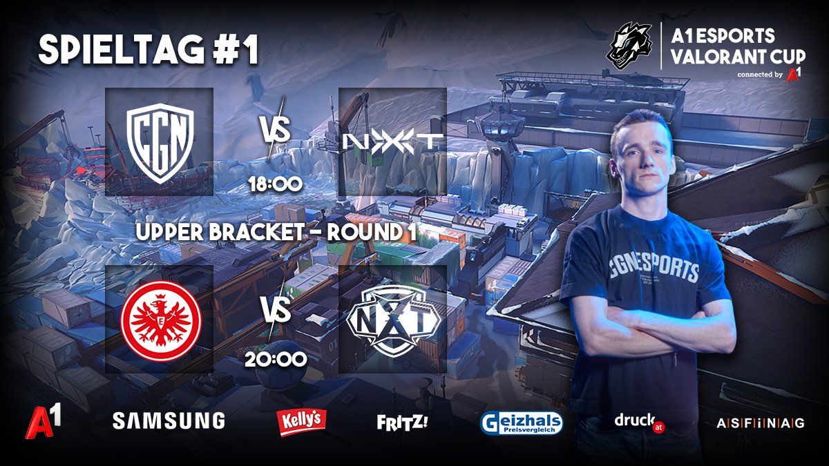 A1 eSports (@a1esports_at) on Twitter photo Startschuss! 🔥
Spieltag #1 im A1 eSports VALORANT Cup - Wer wird sich heute die ersten Wins sichern? 👀
Game1️⃣ - 18:00 Uhr
<a href="/cgnesportsgg/">CGN Esports</a> 🆚 <a href="/GONXTGG/">NXT</a>
Game2️⃣ - 20:00 Uhr
<a href="/EintrachtValo/">Eintracht VALORANT</a> 🆚 <a href="/XPERION_NXT/">XPERION NXT</a>
🎙️ <a href="/oneandonlyleeo/">VCGN LeeoV</a> & <a href="/zescht/">Zescht | Vincent Talmon-Gros</a>
📺 twitch.tv/a1esports Startschuss! 🔥
Spieltag #1 im A1 eSports VALORANT Cup - Wer wird sich heute die ersten Wins sichern? 👀
Game1️⃣ - 18:00 Uhr
<a href="/cgnesportsgg/">CGN Esports</a> 🆚 <a href="/GONXTGG/">NXT</a>
Game2️⃣ - 20:00 Uhr
<a href="/EintrachtValo/">Eintracht VALORANT</a> 🆚 <a href="/XPERION_NXT/">XPERION NXT</a>
🎙️ <a href="/oneandonlyleeo/">VCGN LeeoV</a> & <a href="/zescht/">Zescht | Vincent Talmon-Gros</a>
📺 twitch.tv/a1esports