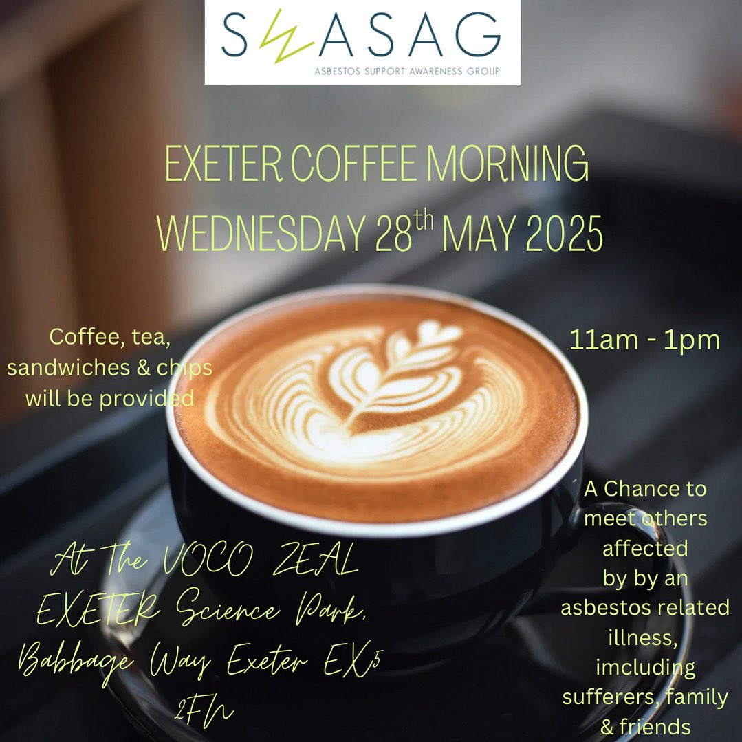 Looking forward to our next coffee morning in Exeter tomorrow. An ideal opportunity to meet others with an asbestos related illness at The Voco Zeal Exeter 11am-1pm #mesothelioma #charity #support #asbestosdisease