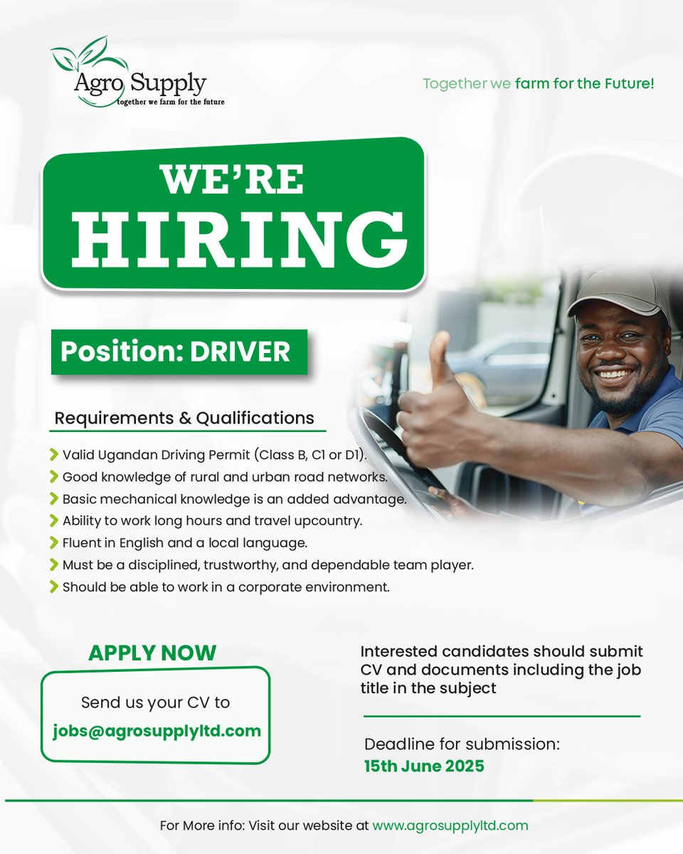 Agro Supply Ltd (@agrosupplyug) on Twitter photo We’re Hiring! DRIVER
Got a strong work ethic & experience on rural & urban roads? Join Agro Supply’s growing team!
đź“… Apply by June 15, 2025
đź“§ Send CV: jobs@agrosupplyltd.com
✉️ Subject: Driver Application
đź”— More info: agrosupplyltd.com
Together we farm for the future! We’re Hiring! DRIVER
Got a strong work ethic & experience on rural & urban roads? Join Agro Supply’s growing team!
đź“… Apply by June 15, 2025
đź“§ Send CV: jobs@agrosupplyltd.com
✉️ Subject: Driver Application
đź”— More info: agrosupplyltd.com
Together we farm for the future!