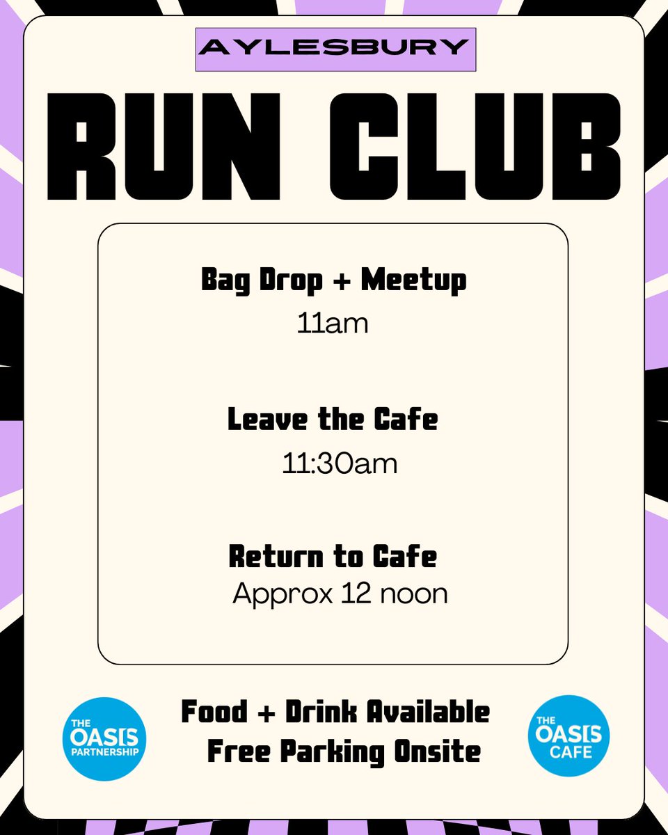 🏃Get fit with The Oasis Partnership🏃‍♀️

To signup please email: bookings@oasispartnership.org

📍The Oasis Cafe, 100a Walton Street, Aylesbury HP21 7QP 
⏰ Tuesday Mornings - 11am
🆓 Free (must signup)
🚗 Free Parking onsite (register on arrival)

 #AylesburyRunClub #aylesbury