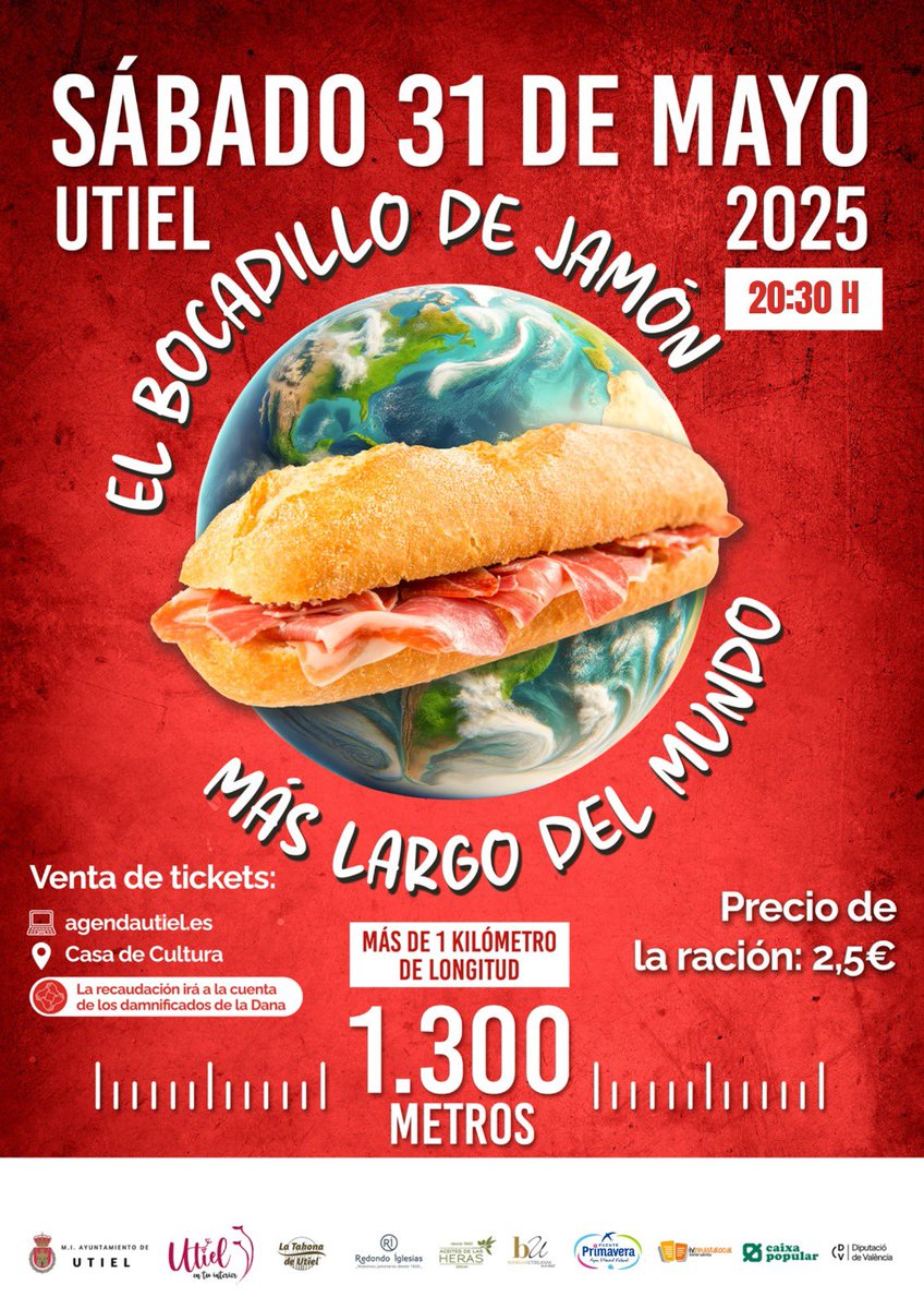 Cacau D'Or 🍊 (@culturaalmuerzo) on Twitter photo No es un almuerzo, es una merienda-cena
solidaria.
El <a href="/AytoDeUtiel/">Ayuntamiento de Utiel</a> junto con diferentes empresas e instituciones celebran este evento de récord con un fin solidario 🫂Recaudar fondos para los damnificados por la DANA en el municipio
🌶️ Sábado 31 de mayo 🕣20.30 horas No es un almuerzo, es una merienda-cena
solidaria.
El <a href="/AytoDeUtiel/">Ayuntamiento de Utiel</a> junto con diferentes empresas e instituciones celebran este evento de récord con un fin solidario 🫂Recaudar fondos para los damnificados por la DANA en el municipio
🌶️ Sábado 31 de mayo 🕣20.30 horas