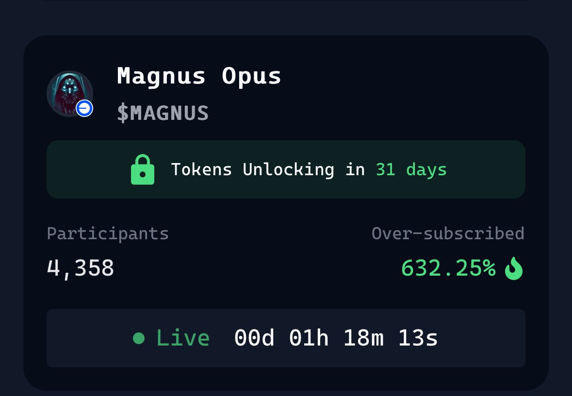 $magnus genesis launch went live on <a href="/virtuals_io/">Virtuals Protocol</a> and will be ending in less than an hour

what you should know about $magnus

➜ powered by <a href="/ArcadiaGamesIO/">Arcadia</a> 

➜ <a href="/MagnusOpusAI/">Magnus Opus</a> is their first flagship agent running inside that system

➜ magnus is an on-chain chess ai you can