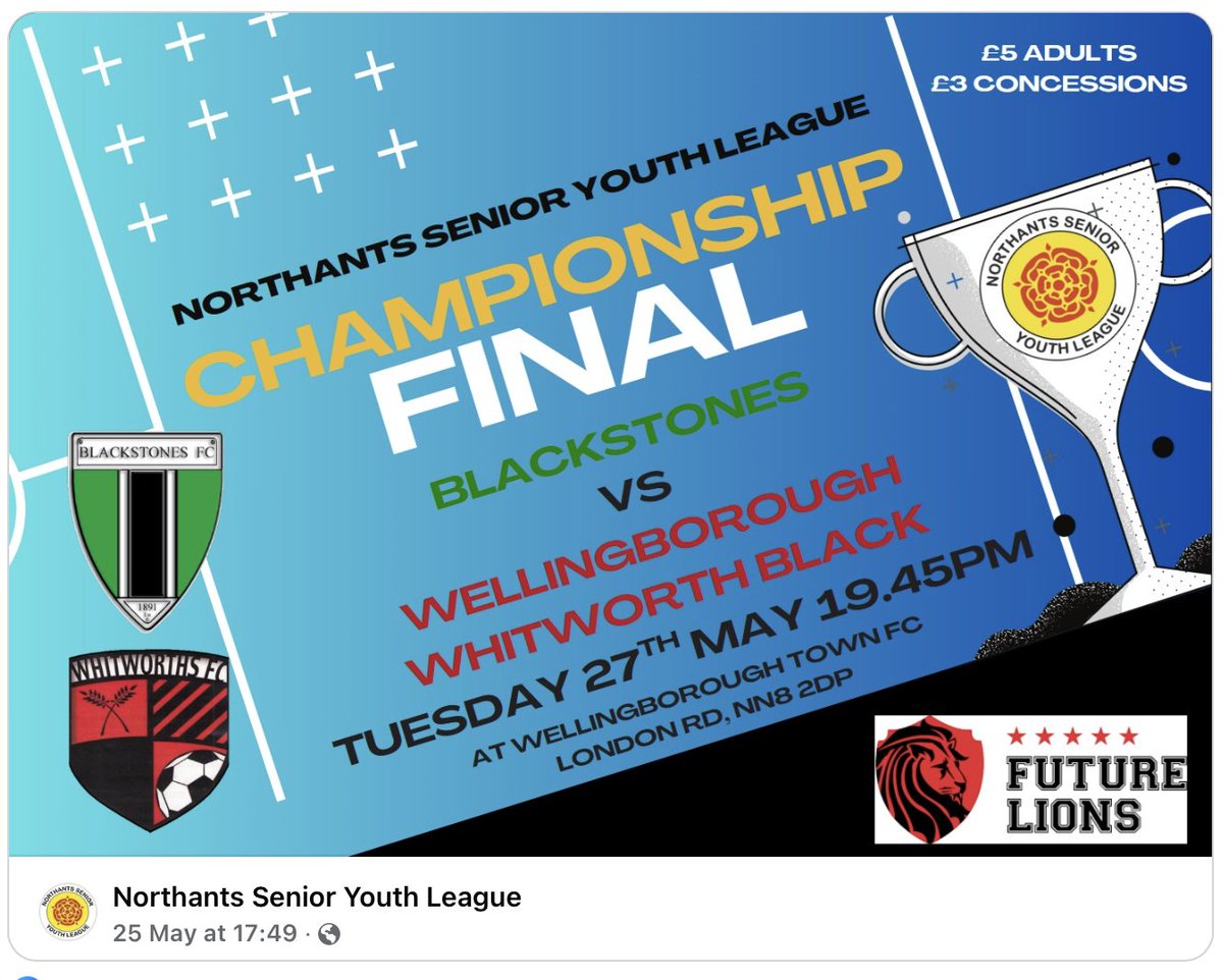 Blackstones FC (@blackstonesfc) on Twitter photo Our U18s are in the Championship final this evening at Wellingborough Town.
It would be great to see lots of Stones cheering the lads on in their final game together.
<a href="/LincsOLSport/">James Bedford - Lincs Online Sport</a> <a href="/RutStamSound/">Rutland & Stamford Sound</a> Our U18s are in the Championship final this evening at Wellingborough Town.
It would be great to see lots of Stones cheering the lads on in their final game together.
<a href="/LincsOLSport/">James Bedford - Lincs Online Sport</a> <a href="/RutStamSound/">Rutland & Stamford Sound</a>
