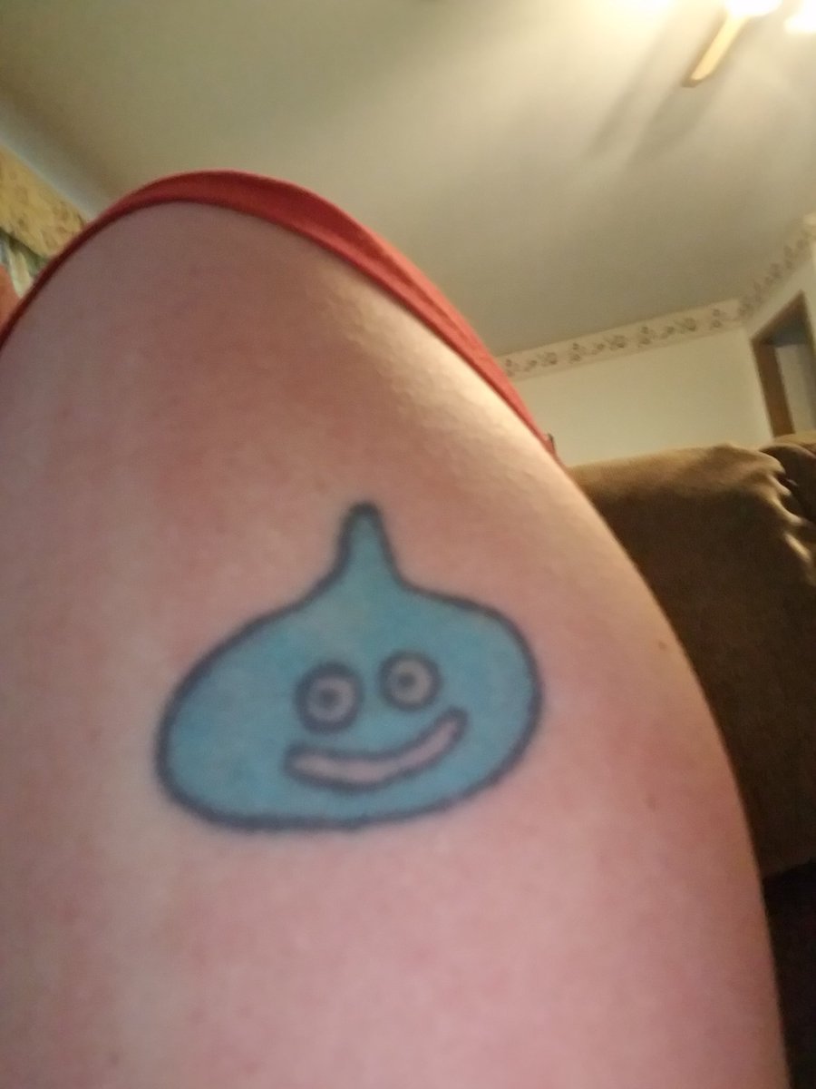 _shockra's tweet photo. @DragonQuest I've been playing the games since the very beginning, beating 1-6, 8, 9, and 11.  And was obsessed with the 1st Monsters game.  It's a big part of me to this day.  Also, I have a Slime tattoo.  #DragonQuestDay https://t.co/ewlQVAcSdp