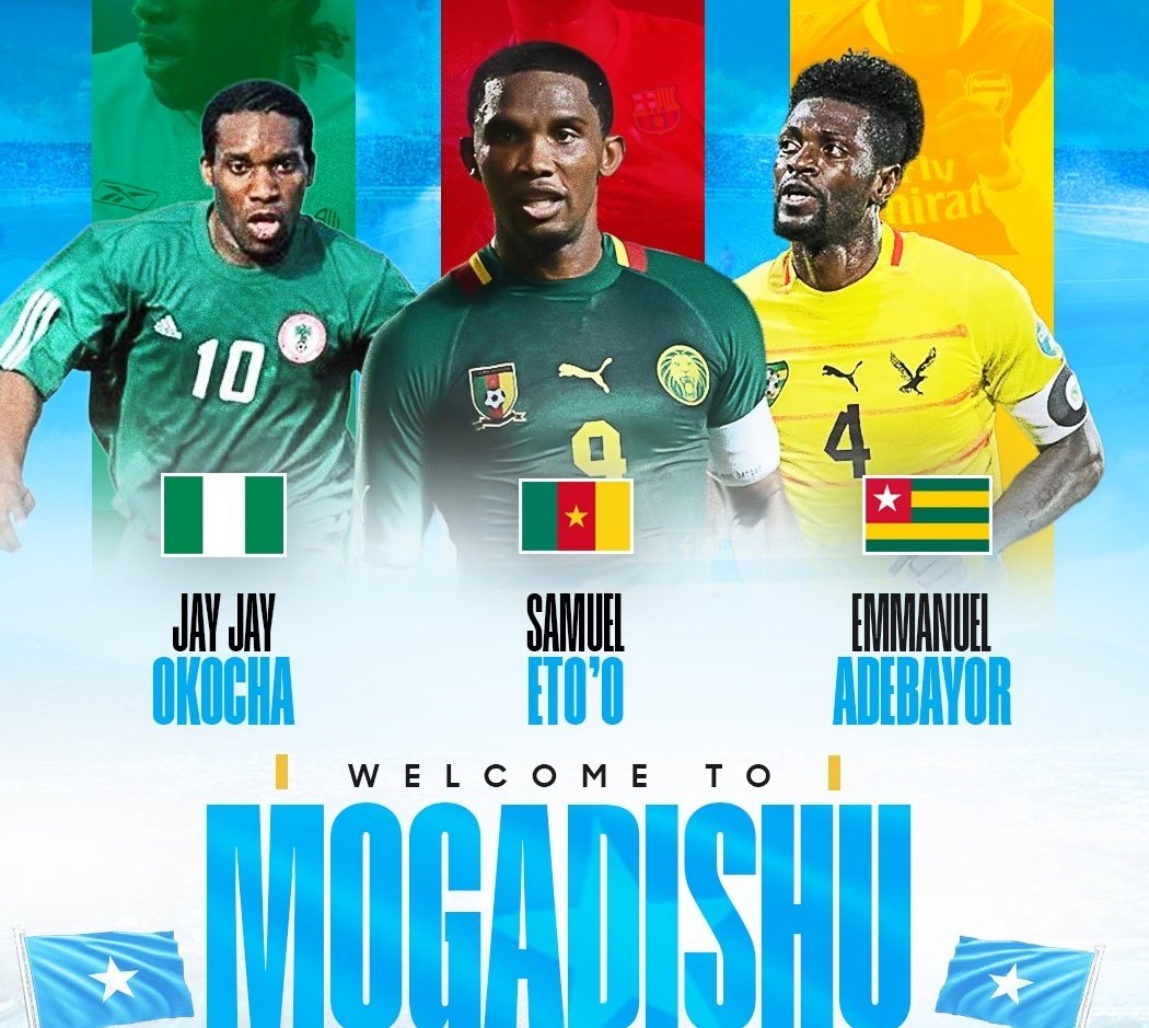 African football legends Emmanuel Adebayor, Samuel Eto'o, and Jay-Jay Okocha are visiting Mogadishu, Somalia, marking a historic and inspiring moment for Somali youth and sports development. Their visit underscores the spirit of African integration through the power of sport.⚽️