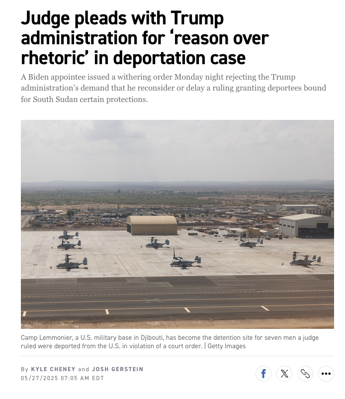 Kyle Cheney (@kyledcheney) on Twitter photo NEW: Judge Murphy, targeted for attacks by Trump and Stephen Miller, accuses the administration of misrepresenting his rulings and causing the chaos it now complains about with its summary deportations to South Sudan.
w/ <a href="/joshgerstein/">Josh Gerstein</a>
politico.com/news/2025/05/2… NEW: Judge Murphy, targeted for attacks by Trump and Stephen Miller, accuses the administration of misrepresenting his rulings and causing the chaos it now complains about with its summary deportations to South Sudan.
w/ <a href="/joshgerstein/">Josh Gerstein</a>
politico.com/news/2025/05/2…
