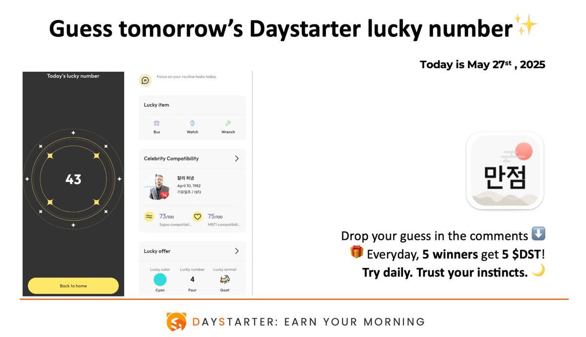 🔮 Guess a lucky number for May 28, 2025

@Daystarter picks winners on PerfectToday 🌟

📩 Drop your guess below and you could win! 📷🎉

💎 Every day, 5 lucky winners get 5 $DST

⏰ Try daily.  
📷 Trust your instincts.

#PerfectToday #DST #Web3 #Lifestyle